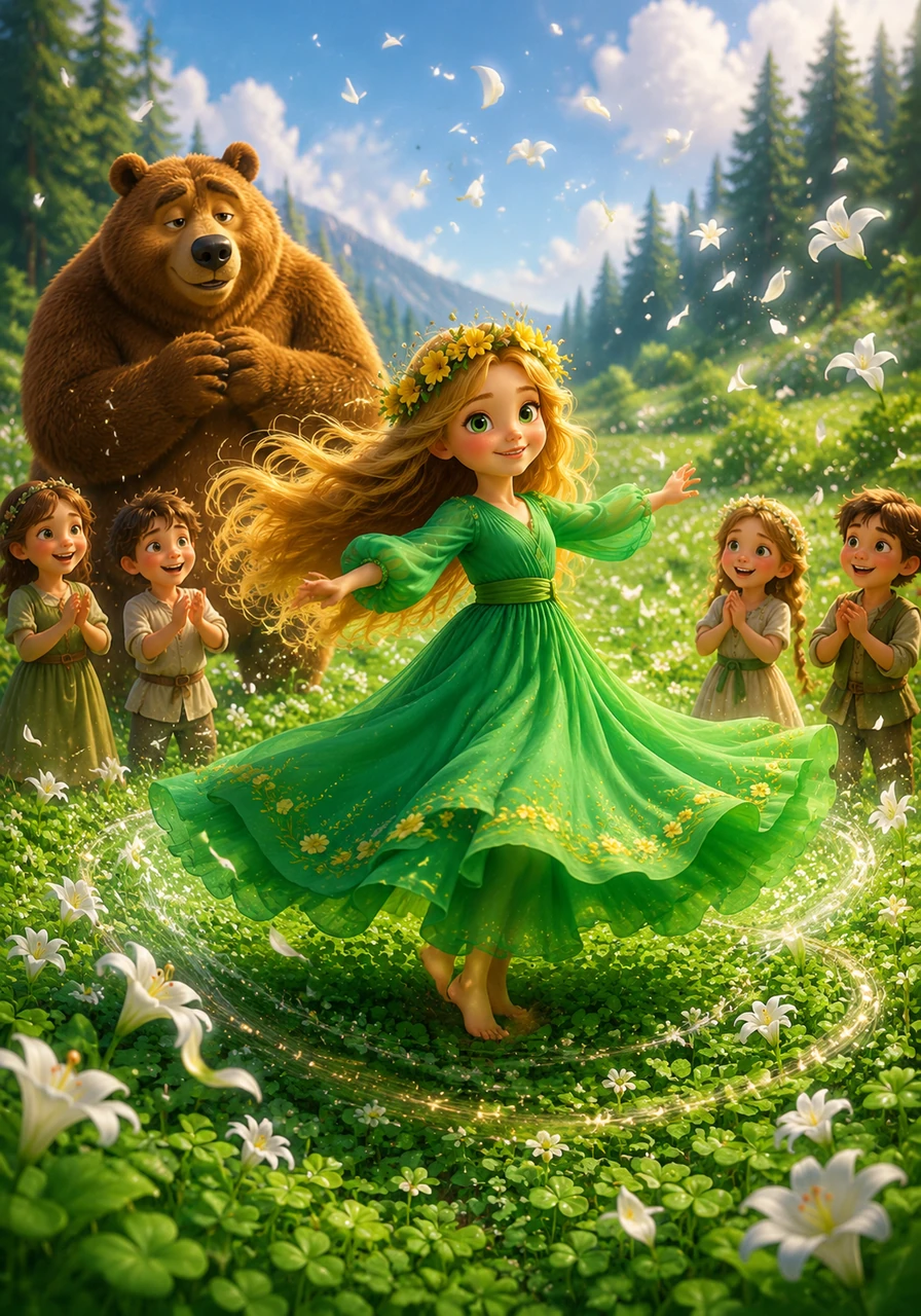 In the center of a wide meadow, Vesna begins to dance, spinning faster and faster. The brown earth transforms into a lush carpet of clover, and the air fills with the sweet perfume of wild lilies.