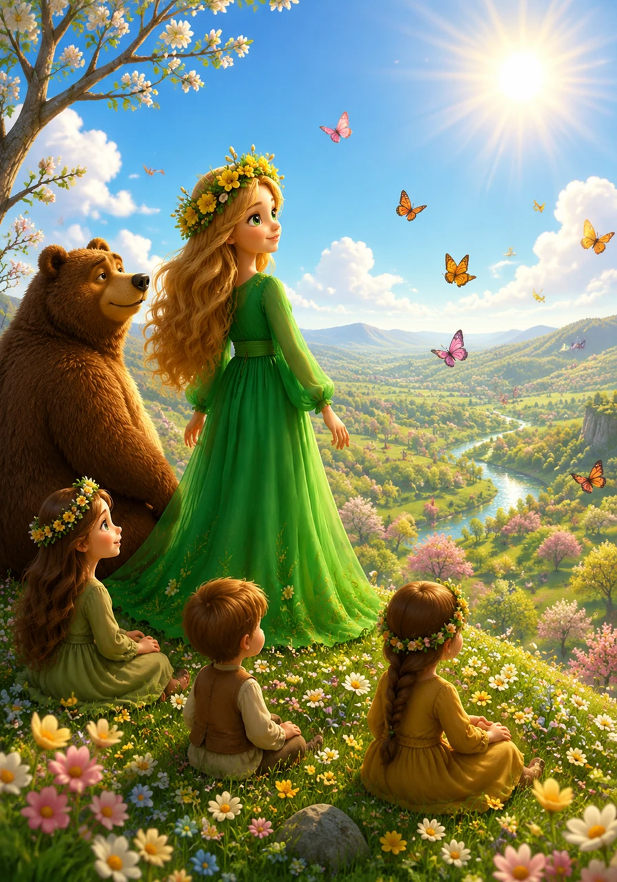 As the sun climbs high in the sky, Vesna stands atop a hill, looking over the vibrant world she has awakened. With a happy sigh, she watches the butterflies take flight, knowing that spring has finally arrived.