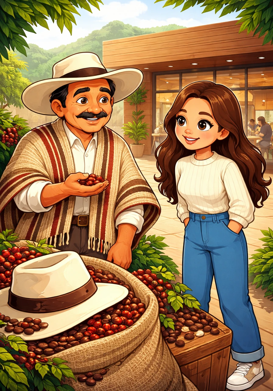 Análisis Estratégico: Juan Valdez Café (Procafecol S.A.). Este estudio presenta el modelo de negocio inclusivo de la Federación Nacional de Cafeteros de Colombia, desarrollado por los autores Nathalia Salazar, Fabiana Abreu, Carlos Muñoz, Gianfranco Hernández y Emmanuel Rodríguez. La imagen muestra el icónico sombrero del arriero junto a granos de café y la fachada moderna de una tienda insignia.