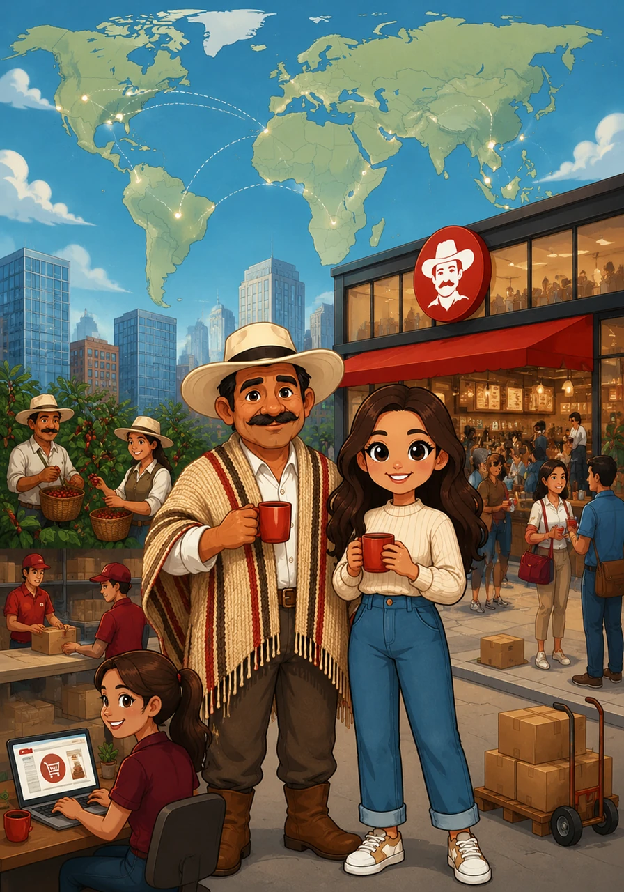 El objeto social de la marca abarca tiendas, franquicias, comercio electrónico y canales B2B, logrando una escala impresionante con más de 500 tiendas operativas. La presencia global se extiende por Colombia, Estados Unidos, España, Chile, Ecuador, Perú, Centroamérica, el Medio Oriente y el Sudeste Asiático. Un mapa mundial resalta estos puntos de presencia mientras se observa el dinamismo de una tienda en una metrópoli extranjera.