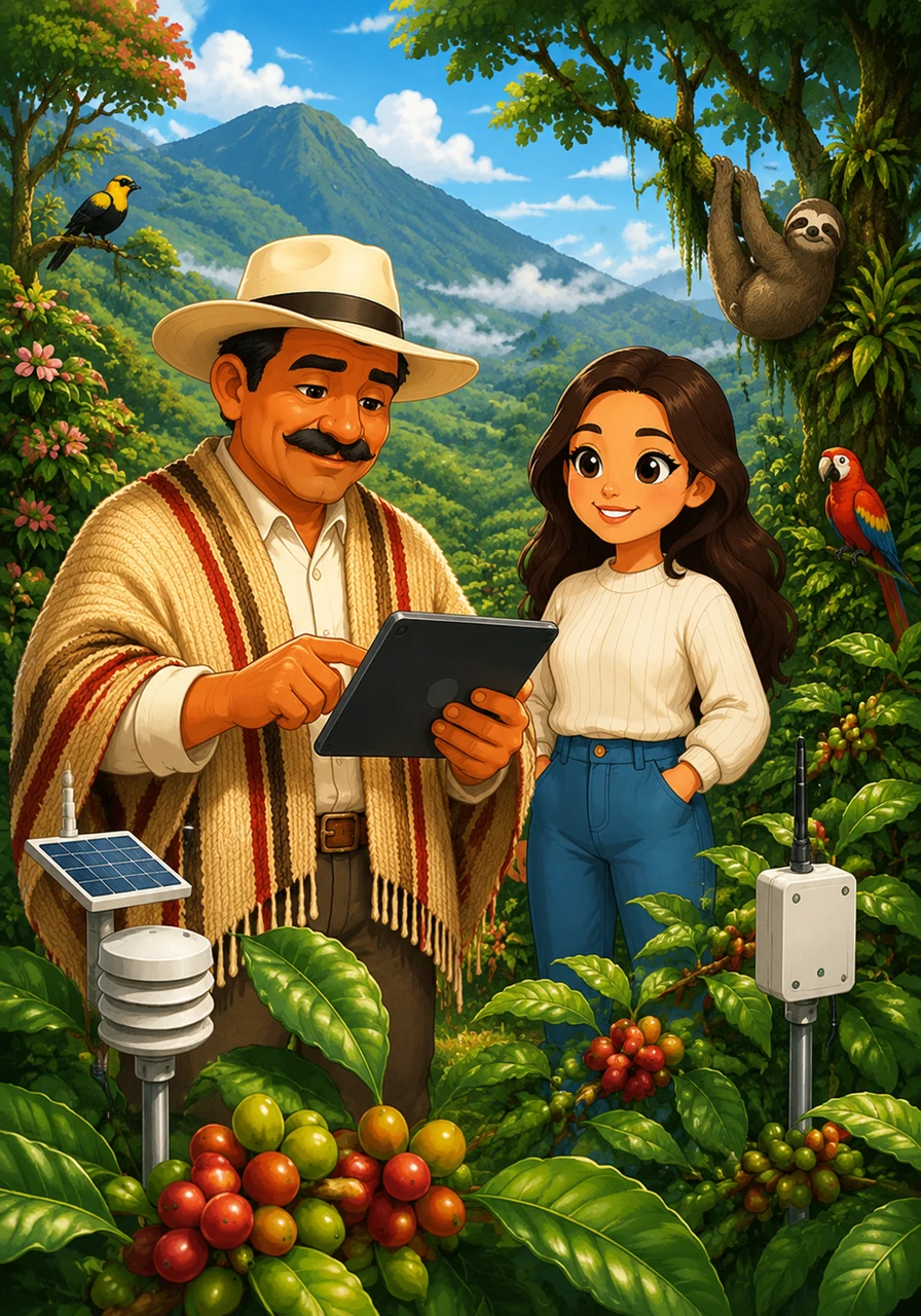 Socialmente, la marca se enfoca en la premiumización y el comercio justo, mientras que tecnológicamente implementa IoT y Big Data en fincas para la analítica de la cadena de suministro. Ecológicamente, enfrentan el cambio climático y el desplazamiento de pisos térmicos eliminando plásticos de un solo uso. Un agricultor utiliza una tableta con sensores IoT en su cultivo rodeado de una naturaleza vibrante y protegida.