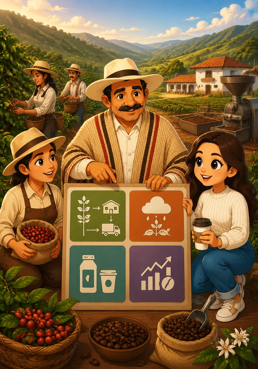 La misión es cautivar al mundo con café premium generando valor a los caficultores, mientras la visión busca ser la marca de café colombiano más admirada y reconocida globalmente. La matriz FODA identifica fortalezas en la integración vertical y debilidades en la dependencia climática, junto a oportunidades en productos listos para beber y amenazas por fluctuación de precios. Iconos modernos ilustran la matriz estratégica frente a un paisaje de cafetales.
