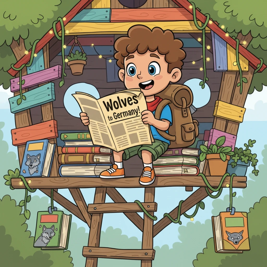 Leo, a spirited young explorer with an oversized backpack and a wide, eager grin, perches precariously in his whimsical treehouse, surrounded by stacks of nature books. He's holding a crumpled newspaper with a bold, cartoonish headline: "Wolves Return to Germany!" His eyes are wide with wonder, sparking an adventurous idea.