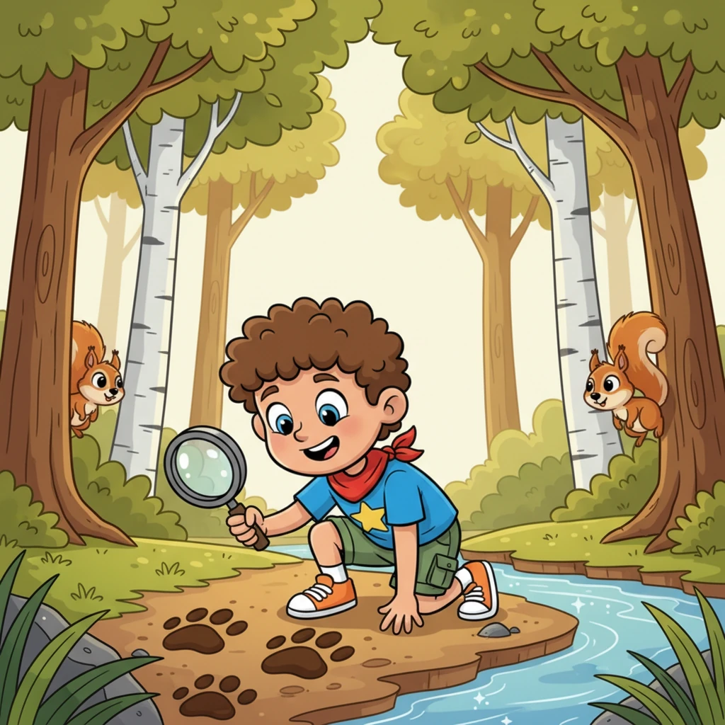 Deep within a sun-dappled German forest, Leo crouches beside a babbling brook, his magnifying glass hovering over a set of mysteriously large paw prints in the soft mud. Playful squirrels peek from behind exaggeratedly tall trees, their bushy tails twitching with curiosity as Leo's expressive face lights up with excitement.