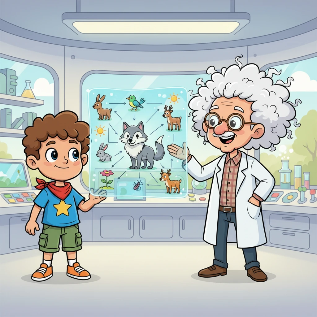 Inside a brightly lit, futuristic-looking wildlife research center, Leo listens intently to a wise, bespectacled scientist, whose wild, white hair bounces as he enthusiastically points to a holographic projection. The projection displays a whimsical, interconnected food web, illustrating the wolf's crucial role with dynamic, stylized animal figures.