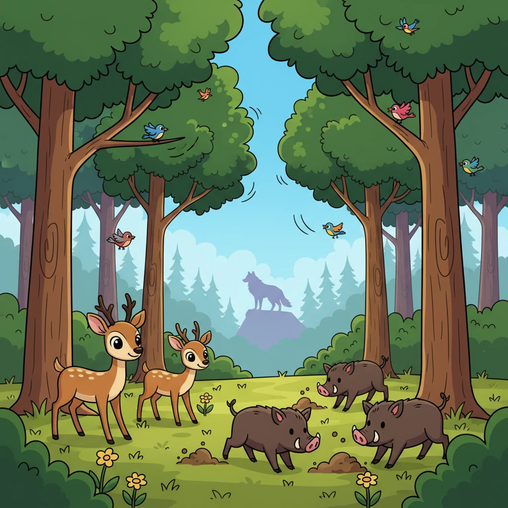An expansive, overhead view captures a breathtakingly healthy German forest, teeming with vibrant life. Exaggeratedly tall trees with lush canopies shelter happy deer grazing peacefully, while playful boars root around and colorful birds flit between branches, all subtly overseen by the faint, majestic silhouette of a wolf in the distance.