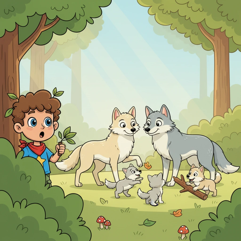 Hidden behind a comically large bush, Leo peeks out with wide, awestruck eyes, his jaw slightly dropped in wonder. Before him, in a sun-drenched clearing, a magnificent, stylized wolf family – two elegant adults and three rollicking, fluffy pups – play together, their movements fluid and full of life.