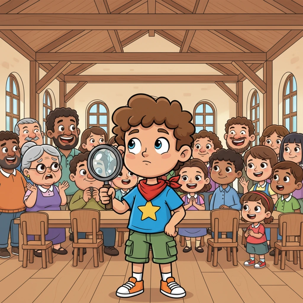In a bustling village hall, a lively town meeting is underway, filled with villagers of all shapes and sizes, their faces animated with exaggerated emotions. Some look fearful, wringing their hands, while others nod enthusiastically, showcasing the complex community dialogue as Leo stands thoughtfully, absorbing every word.