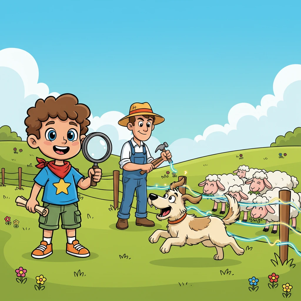 Leo observes a determined farmer implementing clever wolf-protection measures in a vibrant green pasture. A comical, shaggy guard dog, with an ever-alert expression, barks playfully near a brightly colored electric fence, while the sheep behind it graze with noticeably calmer, contented smiles.