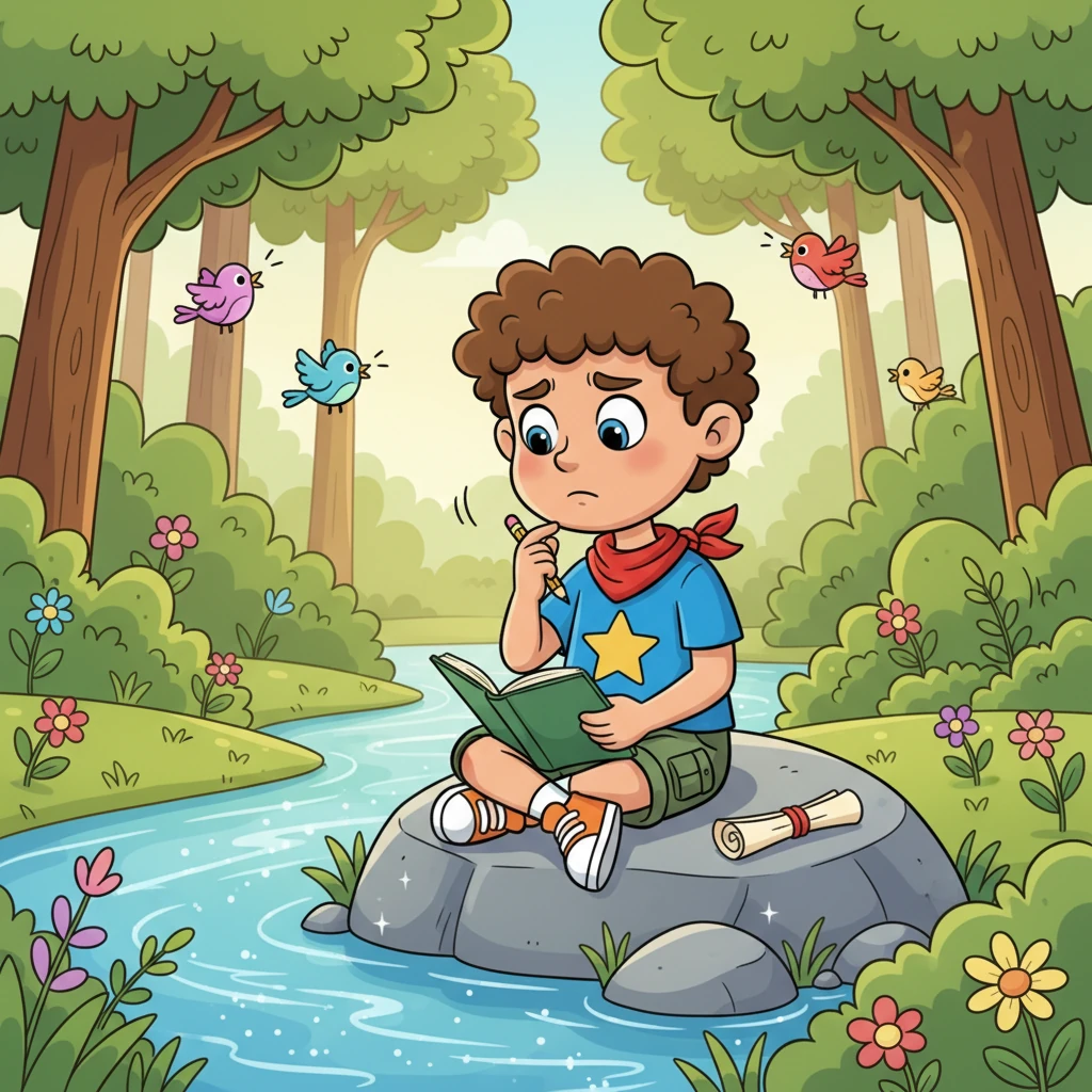 Sitting by a sparkling, serene river, Leo thoughtfully sketches in his notebook, his brow furrowed in concentration. The surrounding forest, with its exaggeratedly lush foliage and chirping birds, feels alive with inspiration as Leo connects all the pieces of his adventurous learning journey.
