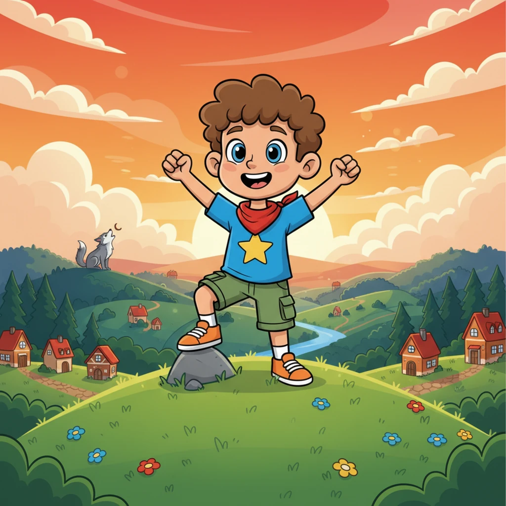 Leo stands triumphantly on a gentle, rolling hill, overlooking a vast and stunning German landscape bathed in the warm, hopeful glow of a setting sun. A small, stylized wolf howls majestically in the distant forest, a symbol of a wild future where humans and nature beautifully coexist.