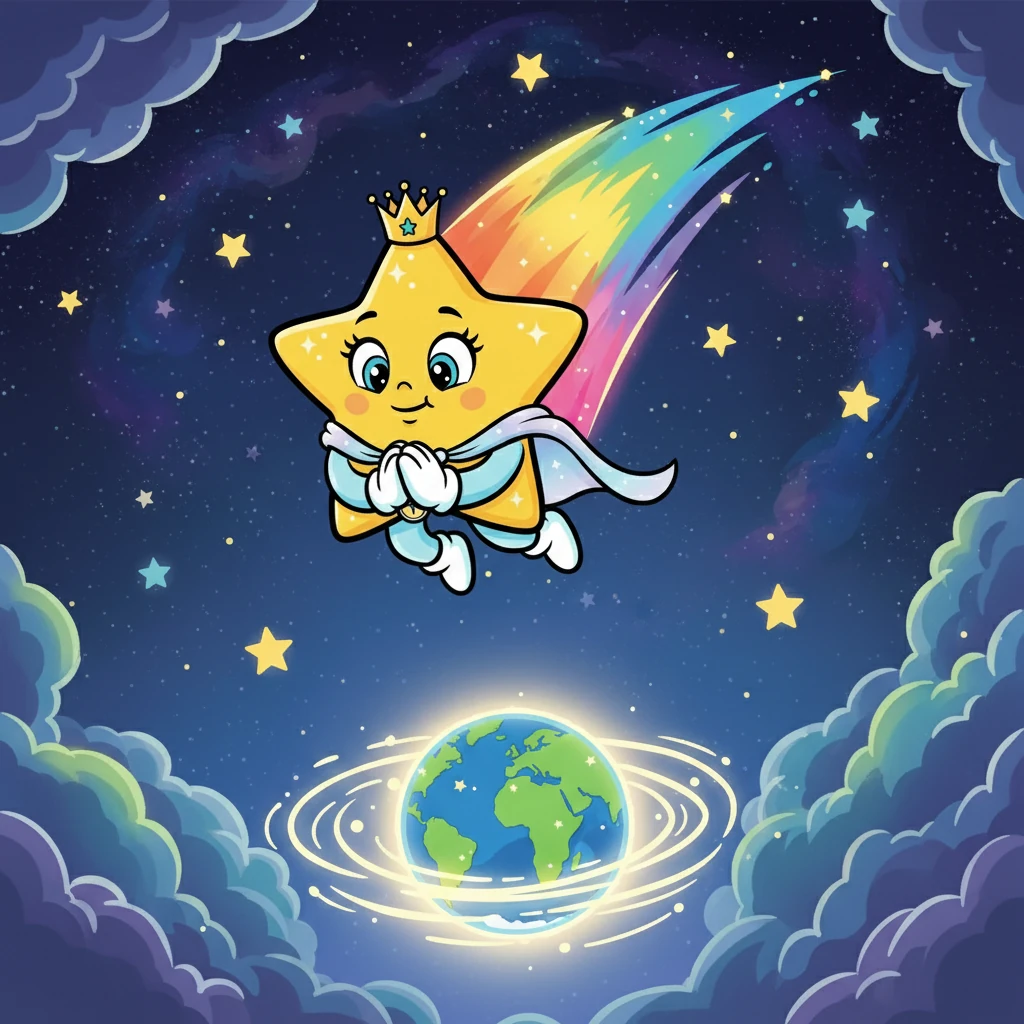 Stella, a tiny shooting star with a bright, shimmering tail, gazed longingly at the Earth below from her home in the night sky. She was filled with an unyielding curiosity, dreaming of the world's secrets. One night, unable to resist, she wished upon herself and began her descent.