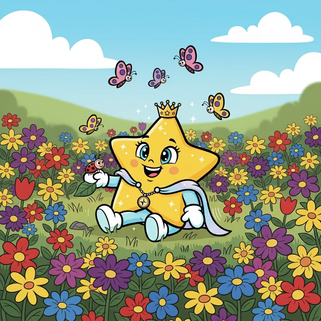 With a whoosh and a flash, Stella landed gently in a field of wildflowers. The world exploded with color and scent; it was even more beautiful than she had imagined! Butterflies danced around her, and a friendly ladybug greeted her with a curious antennae wiggle.
