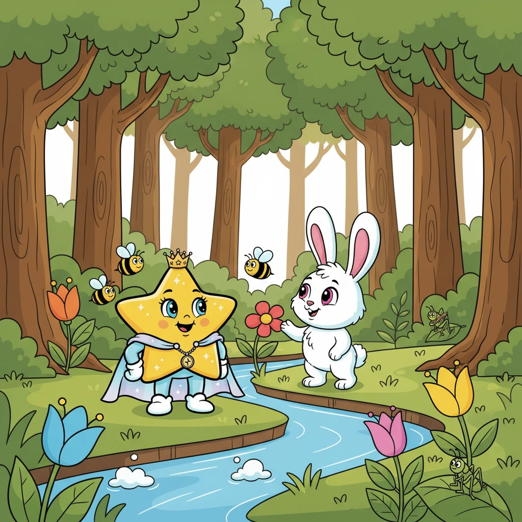 Stella befriended a playful bunny named Pip. They spent their days exploring the forest, marveling at towering trees and babbling brooks. Stella learned about the creatures of the earth, from busy bees to chirping crickets, and shared stories of the stars with Pip.