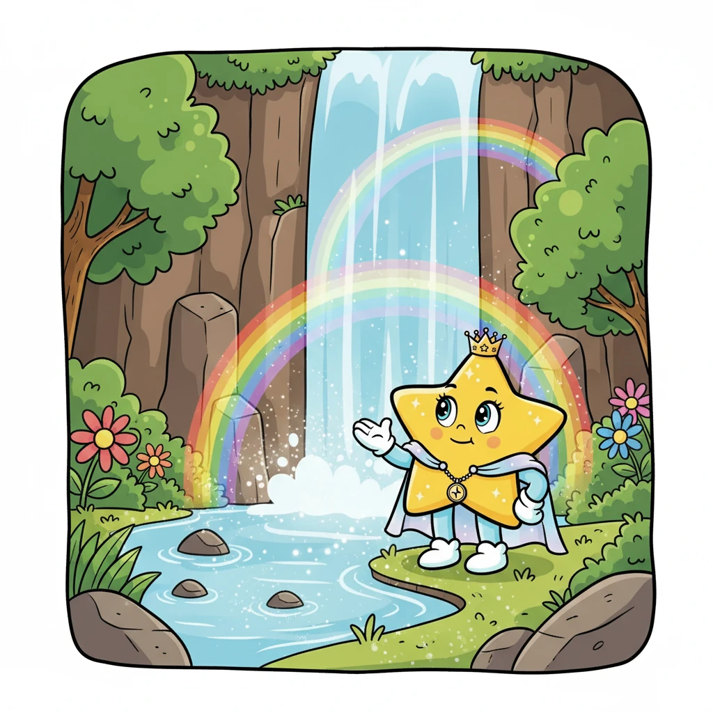One day, they stumbled upon a hidden waterfall, sparkling with rainbows. Stella felt a pang of longing as she saw the water cascade down, reminding her of the stardust from which she was made. She missed her home.