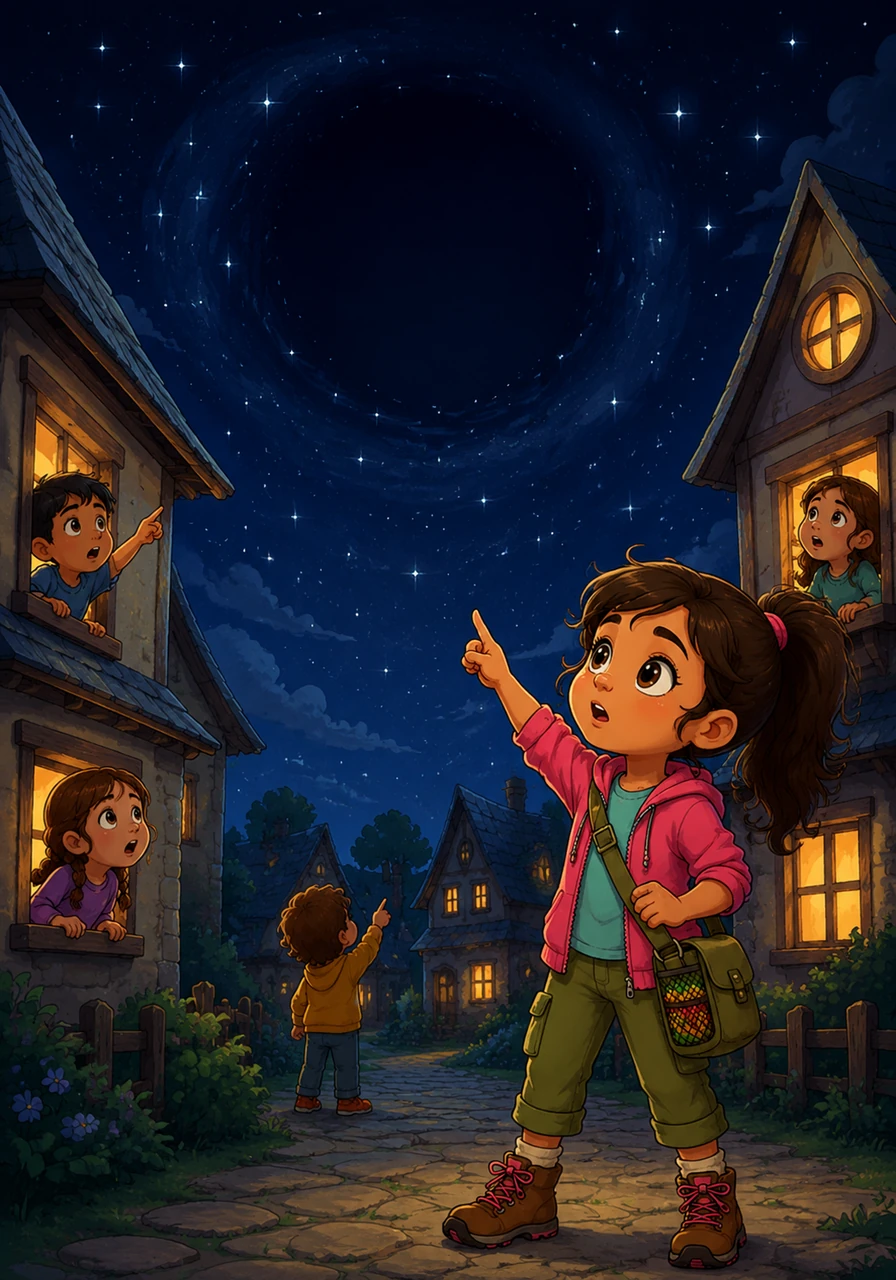 The stars twinkled over Starry Village, but a great emptiness filled the sky where the glowing moon usually hung. Children peered out of their windows, pointing at the vast, dark space where their nightly friend had vanished.
