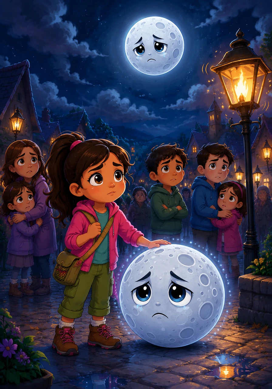 The village streets were swallowed by a deep, heavy silence, and even the streetlamps seemed to flicker with worry. Families huddled together in the shadows, wondering how the world could feel so cold and different without the moon's gentle silver light.