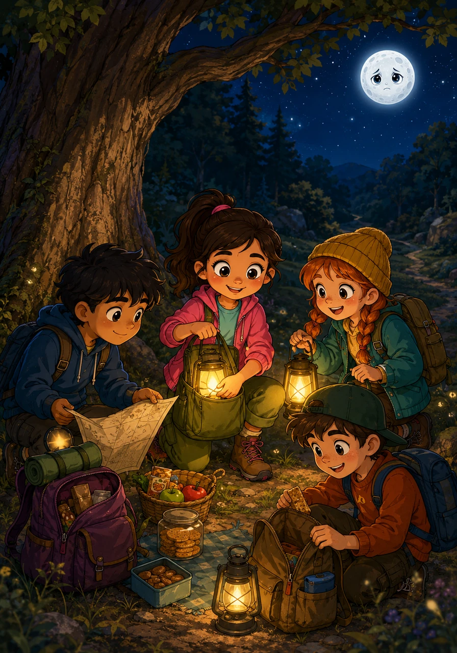Luna met her best friends under the old oak tree, where they packed glowing lanterns, hand-drawn maps, and plenty of snacks for their journey. With their backpacks snug and their hearts racing, the small group stepped into the dark unknown, guided only by their small flickering lights.
