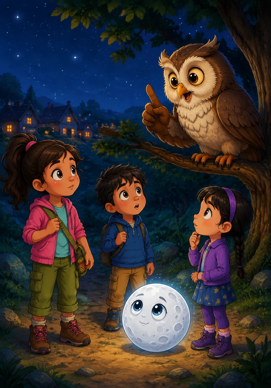 As they trekked through the outskirts of the village, they met a wise old owl perched on a low branch. The owl blinked his wide eyes and told them that the moon had not been stolen, but had simply hidden away because it felt forgotten.