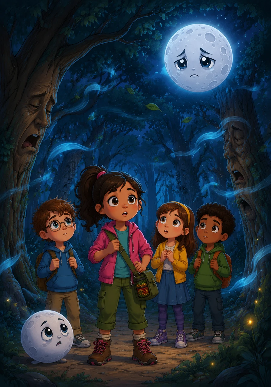 The group entered the Forest of Whispers, where the leaves rustled with secrets and the wind seemed to sigh through the branches. The trees murmured a sad truth: the moon had grown lonely because people had stopped looking up to admire its beauty.