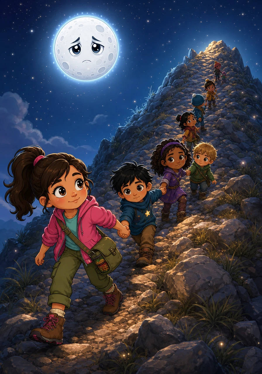 Determined to make things right, the children began the steep climb up Silver Hill, the highest point in the entire land. Their legs were tired and the path was rocky, but they held hands and encouraged each other with every step toward the summit.