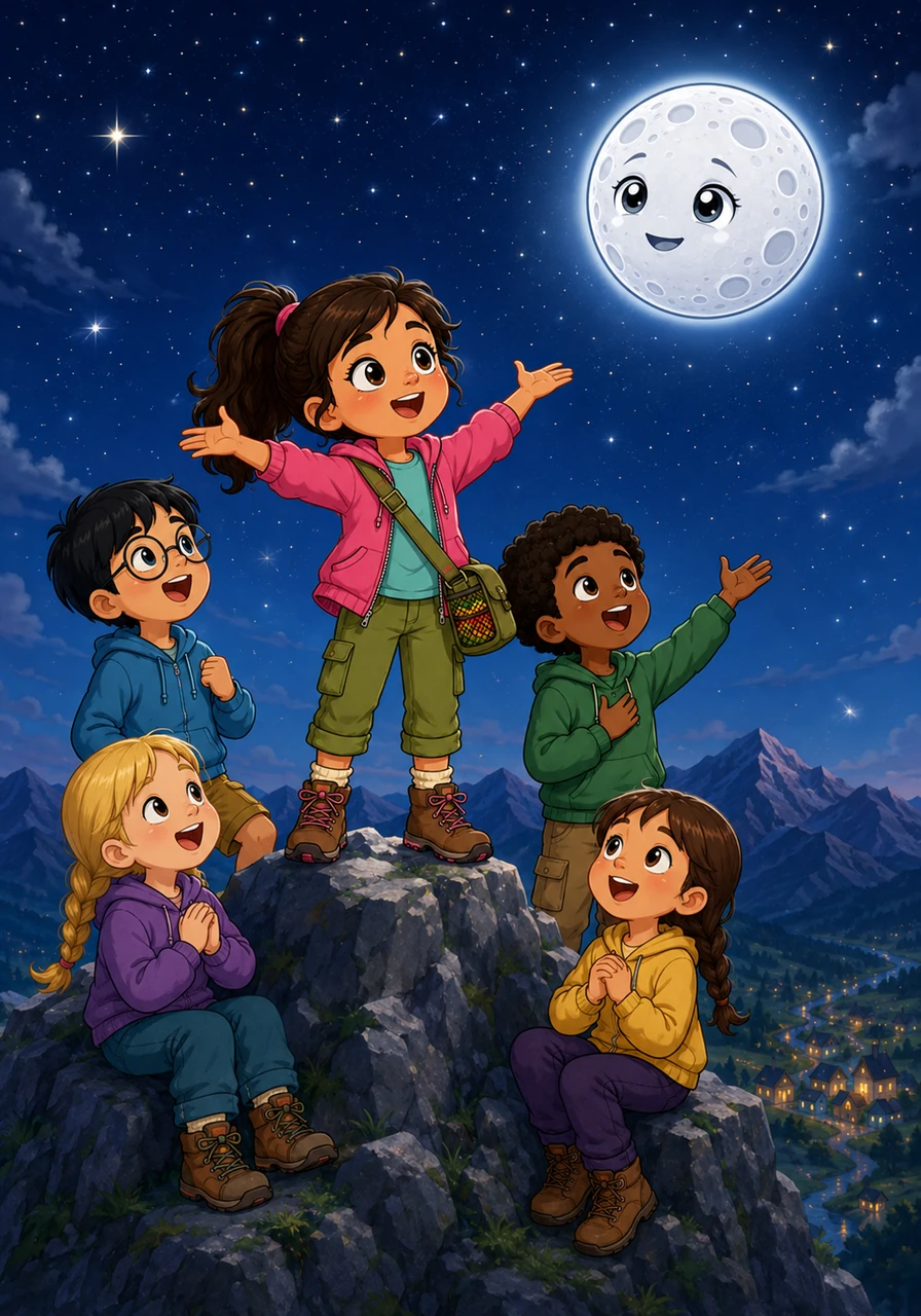 Standing at the very peak, Luna and her friends began to sing a beautiful melody and shout kind words of thanks into the dark sky. They spoke loudly about how the moon guided travelers and how its light turned the nighttime world into a magical kingdom.