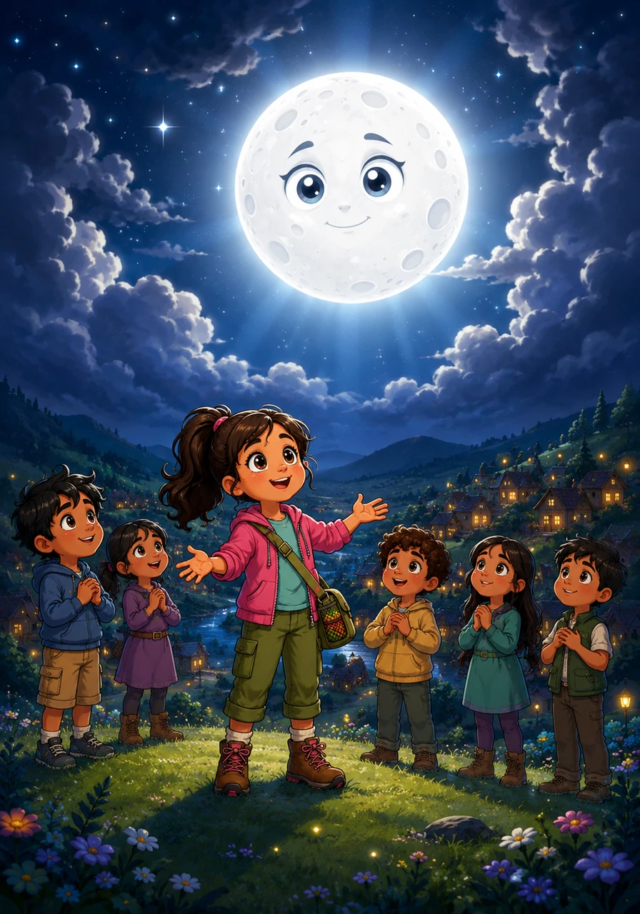 Slowly, a sliver of silver peeked from behind a heavy cloud, growing brighter and rounder with every word of gratitude the children spoke. The moon finally emerged in its full, radiant splendor, bathing the entire valley in a warm and forgiving glow.