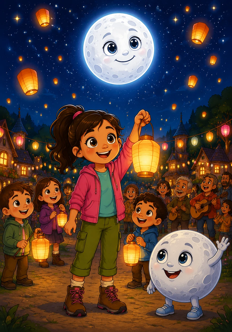 Back in Starry Village, the people celebrated the moon's return with a festival of lanterns and songs. From that night on, every child remembered to look up at the sky before bed, never forgetting to cherish the small wonders that brighten their world.