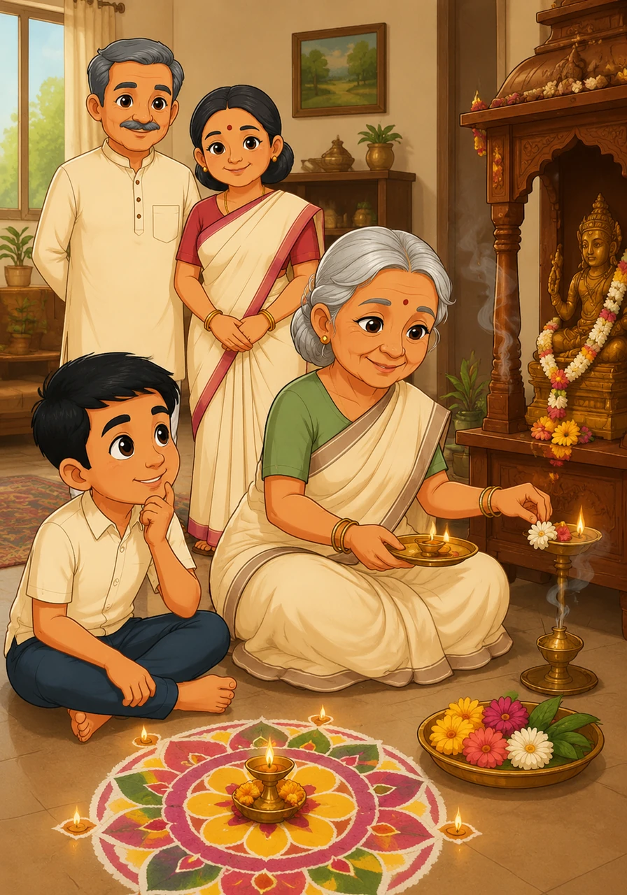 Aarav lives in a vibrant house filled with the scent of incense and the warmth of his family. He is curious about the many traditions his grandmother follows every day and wants to understand the secrets to a happy home.