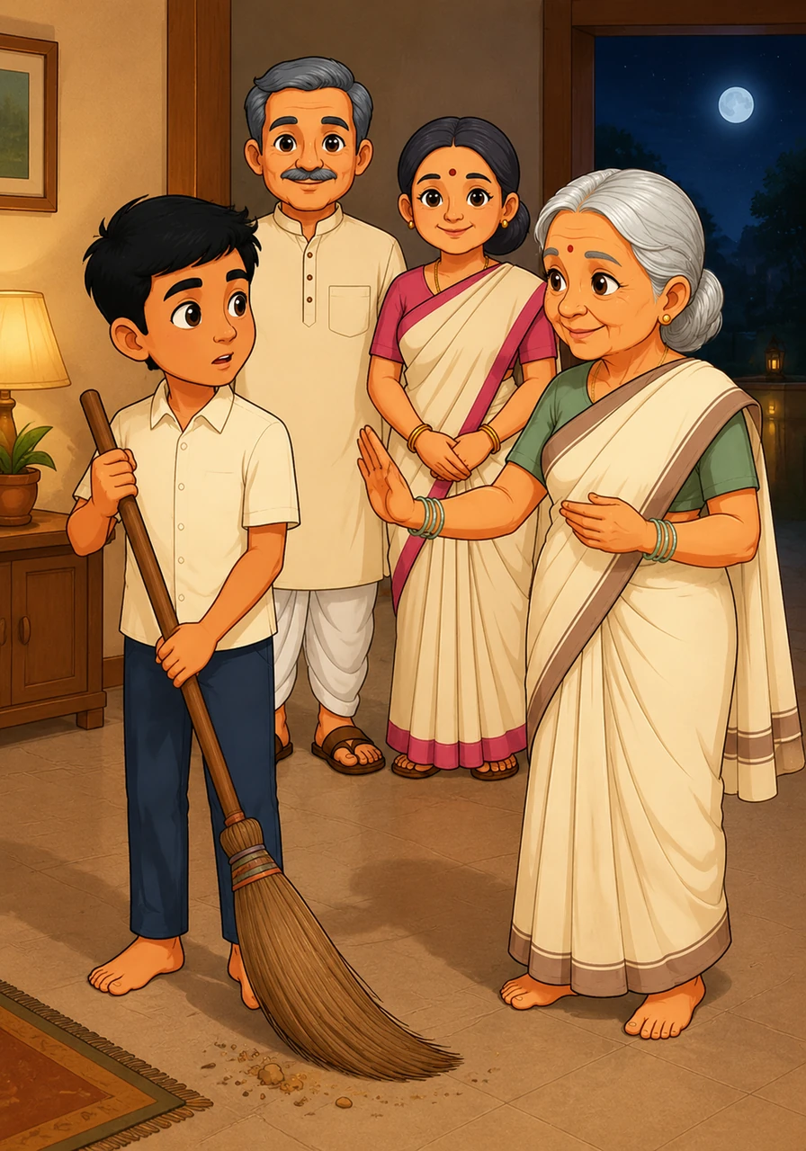 One evening, Aarav picks up a broom to sweep the floor after the sun has set. His grandmother gently stops him, explaining that sweeping at night is believed to sweep away the home's prosperity and peace.