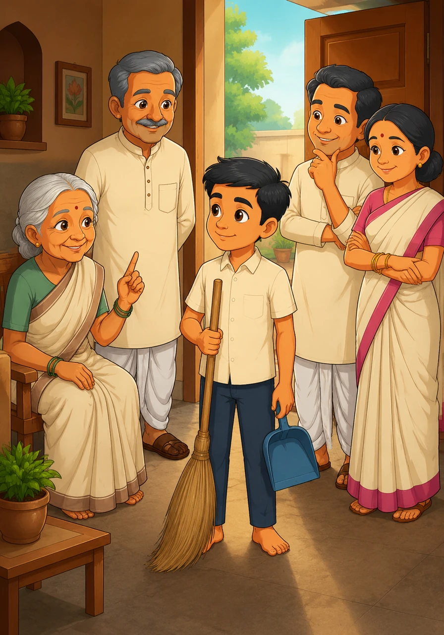 Instead of throwing the dust outside in the dark, Aarav learns to wait until the morning light to finish the cleaning. He realizes that following the wisdom of his elders helps keep the household calm and respectful.