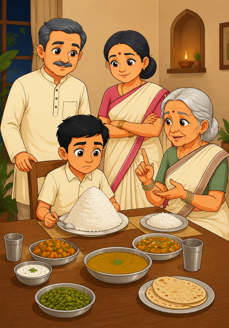 During dinner, Aarav heaps a mountain of rice onto his plate but soon finds he cannot finish it. His grandmother tells him that food is a divine blessing and wasting it is like turning away good fortune.