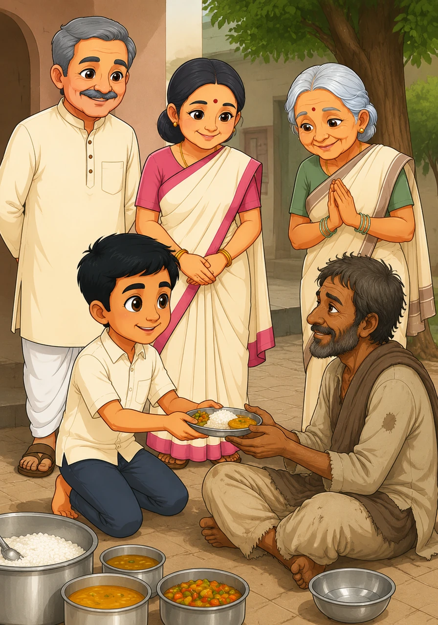 The next day, Aarav learns to take only what he can eat and decides to share a fresh meal with someone in need. He feels a deep sense of joy and positivity by honoring the food he is given.