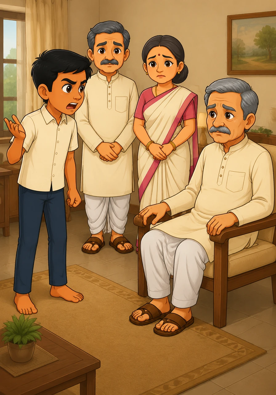 When Aarav gets frustrated and raises his voice at his grandfather, the room grows silent and heavy. He quickly realizes his mistake, feeling the weight of his words, and bows his head to seek forgiveness.