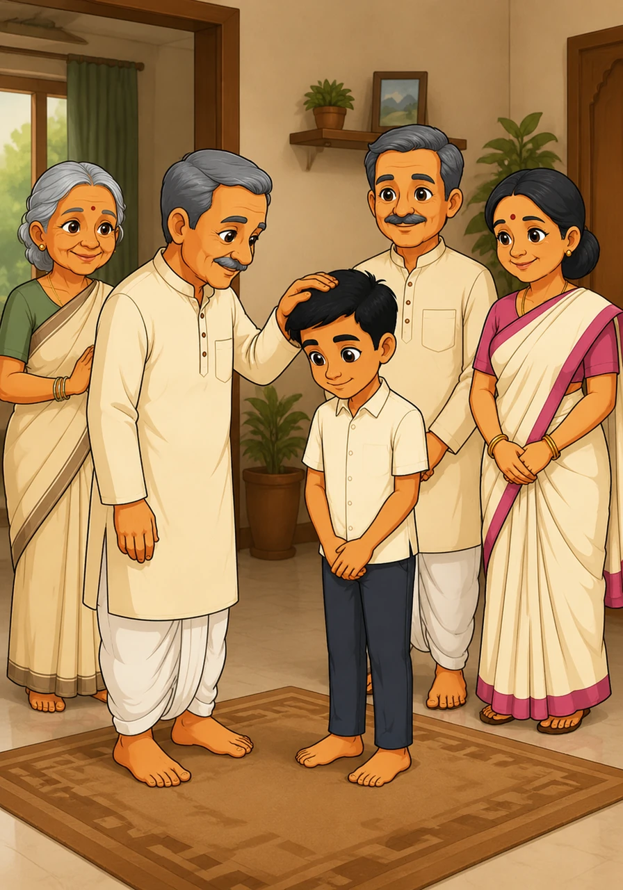 His grandfather places a kind, weathered hand on Aarav’s head, offering a silent blessing that restores the peace. Aarav understands that the love and guidance of elders are the strongest pillars of their home.