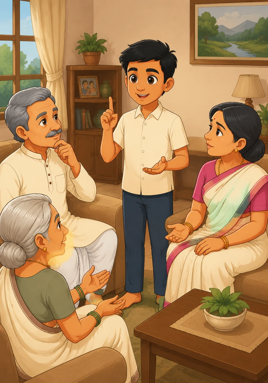 Later, when a small disagreement breaks out between family members, Aarav reminds everyone to speak with kindness. The family chooses to talk through their problems calmly, clearing the air of any negativity.