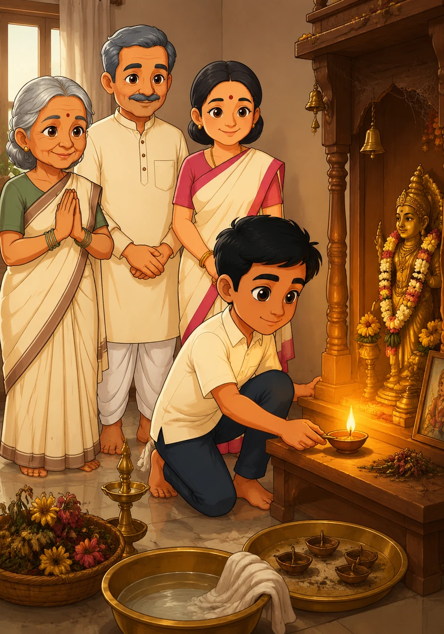 Aarav visits the small family temple and notices the flowers have wilted and the lamps are covered in dust. He carefully cleans the sacred space, lighting a fresh diya to fill the corner with a golden, positive glow.