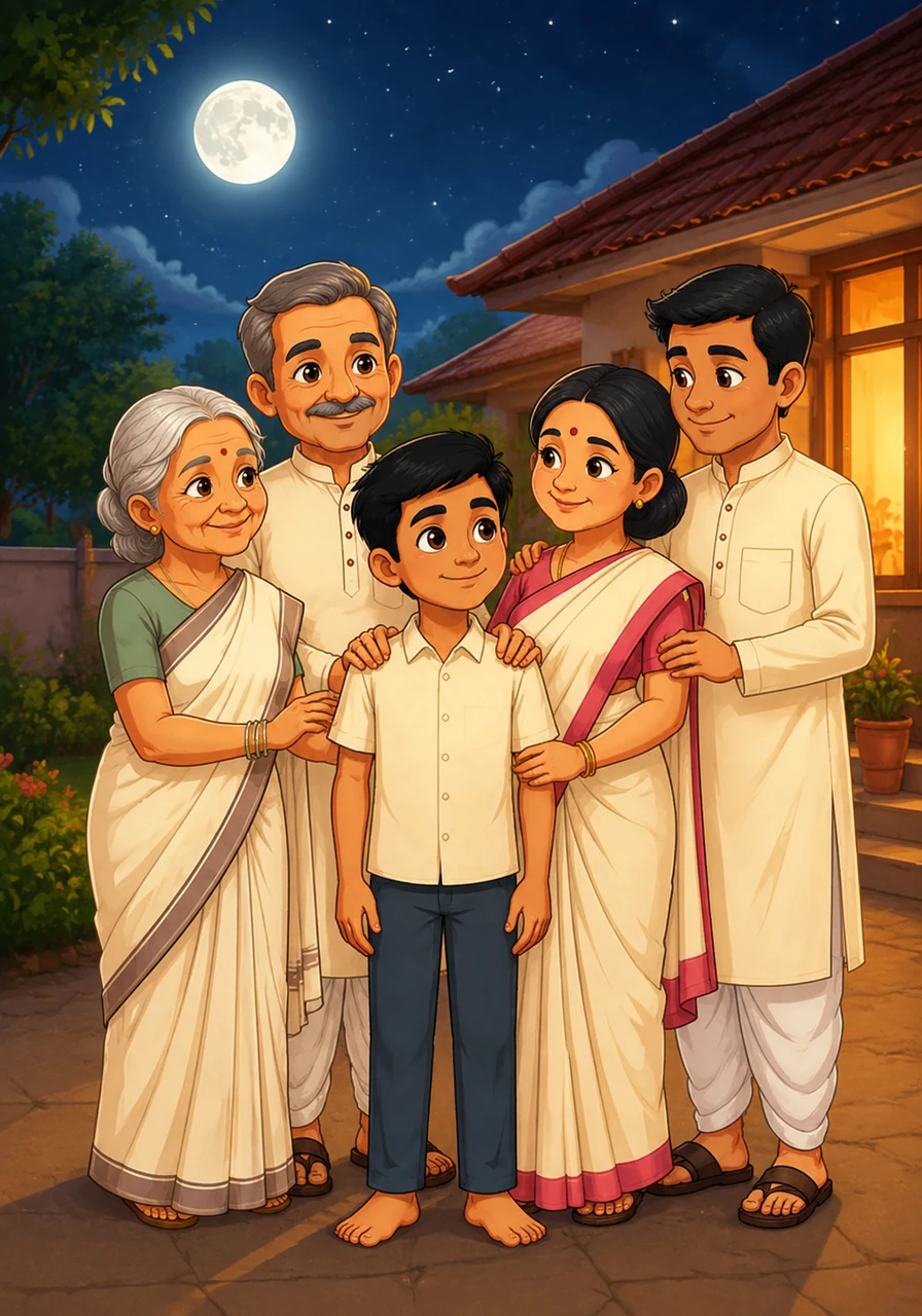 As the moon shines brightly over their peaceful house, Aarav looks at his family and smiles with contentment. He finally understands that mindfulness and respect are the true keys to a home filled with light and happiness.
