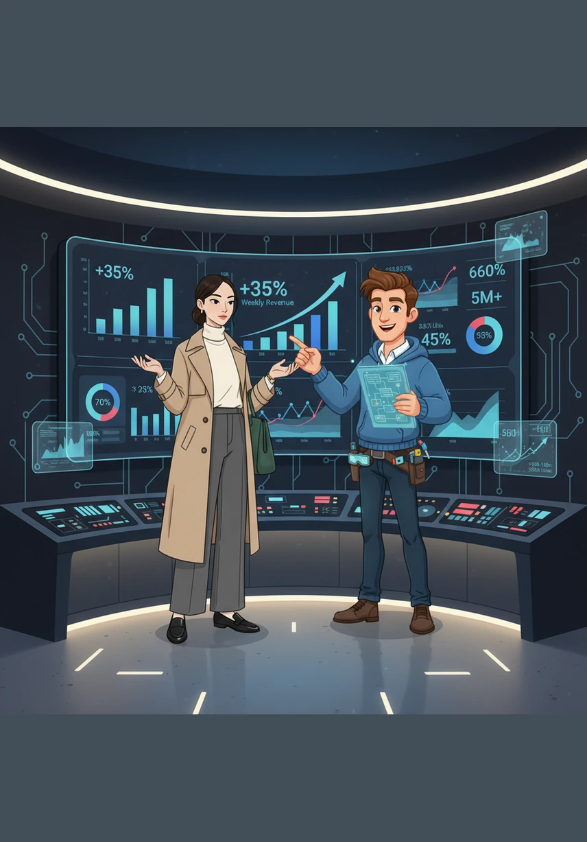 Back at his command center, Julian reviews the weekly dashboard filled with vibrant growth charts and financial insights. The numbers tell a story of rapid success, showing how logic and luxury have combined to build a thriving empire.