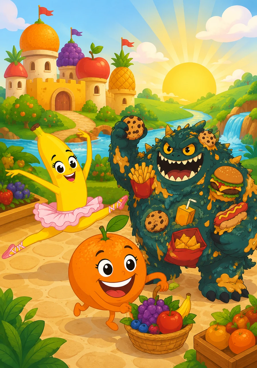 No mágico Reino da Saúde Feliz, uma turma muito animada de frutas acordava cedinho todos os dias. Com muita cor e alegria, elas se preparavam para levar energia e saúde para todas as crianças que se alimentavam bem.