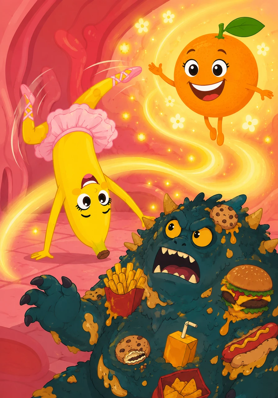 A Banana Bailarina apareceu primeiro, dando piruetas e cambalhotas cheias de energia. Logo atrás, a Laranja Sorridente espalhou seu perfume docinho pelo ar, mostrando que estava pronta para proteger o corpo de todo mundo contra as doenças.