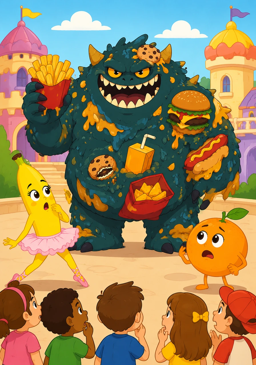 De repente, o Reino recebeu a visita do bagunceiro Monstro da Comilança Processada, carregando batata frita, hambúrguer e biscoitos. Ele tentava convencer as crianças de que seus lanches eram muito mais gostosos e que elas não precisavam comer frutas.