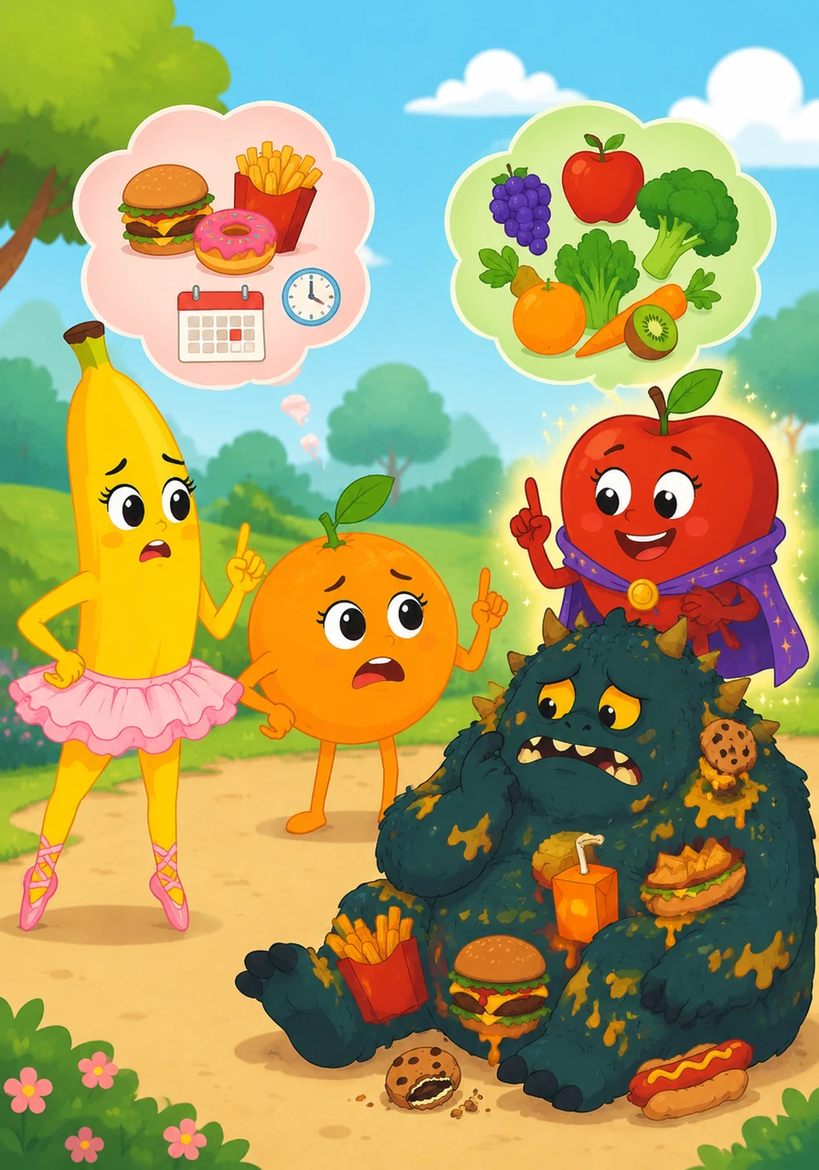 Preocupadas, a Banana Bailarina e a Laranja Sorridente explicaram que comer essas bobagens de vez em quando até podia, mas não todos os dias. A Maçã Encantada reforçou que os alimentos naturais ajudam o corpo, o cérebro e até o humor.