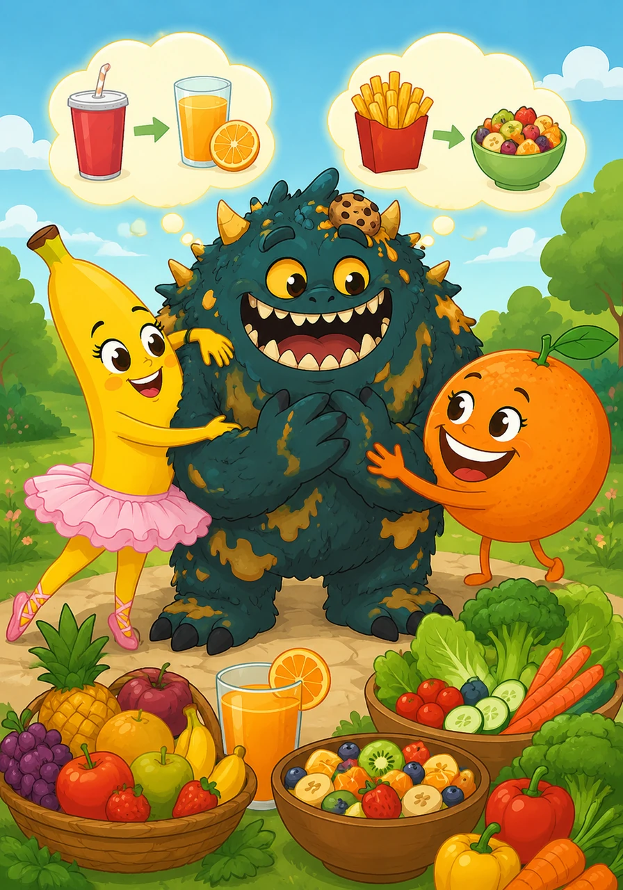As frutas sorriram e receberam o monstro de braços abertos para ensiná-lo a trocar refrigerante por suco natural e batata frita por frutas deliciosas. Daquele dia em diante, todos aprenderam que comer frutas e verduras faz um bem sensacional.