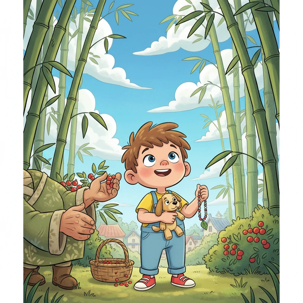 Little Bodhi, a cheerful child with big, curious eyes, lives in a village nestled beside a whispering bamboo forest. He loves to explore, but his mind often bounces from one thought to another like a playful little frog. Today, he’s supposed to be helping his grandmother pick berries, but his gaze is already lost in the clouds.