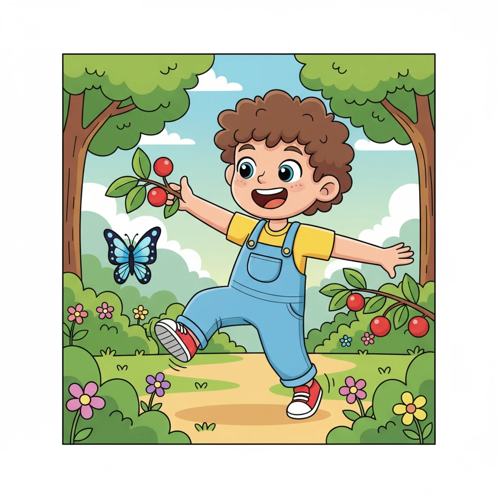 As Bodhi reaches for a juicy red berry, a bright butterfly flutters by, instantly catching his attention. He chases after it, giggling, completely forgetting the berries. Oops! He stumbles slightly, missing the berry and almost stepping on a tiny flower.