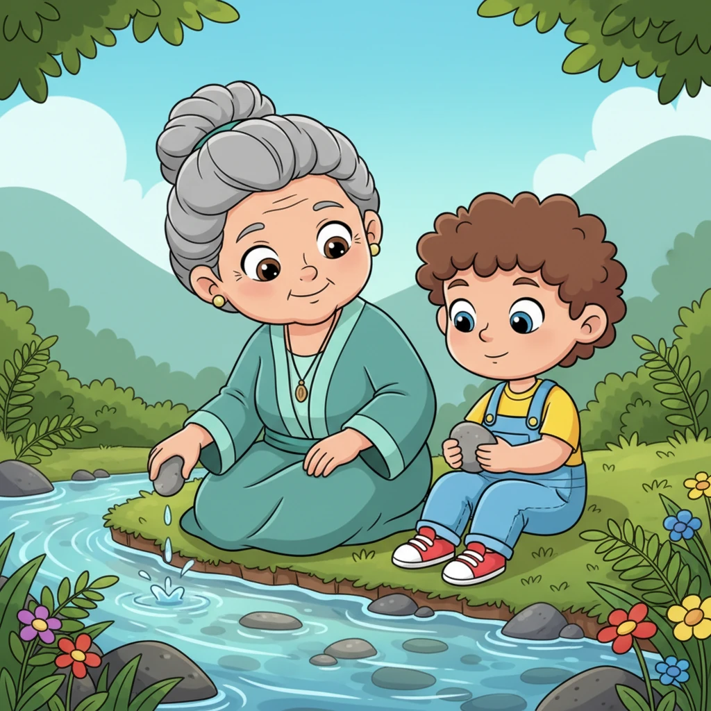 Grandmother sits Bodhi down beside a clear, bubbling stream. She hands him a smooth, round stone. "Watch this stone," she whispers, dropping it into the water. "Feel the ripples, hear the splash, see how the water flows around it. Just like the stone, we can be still and watch our thoughts."