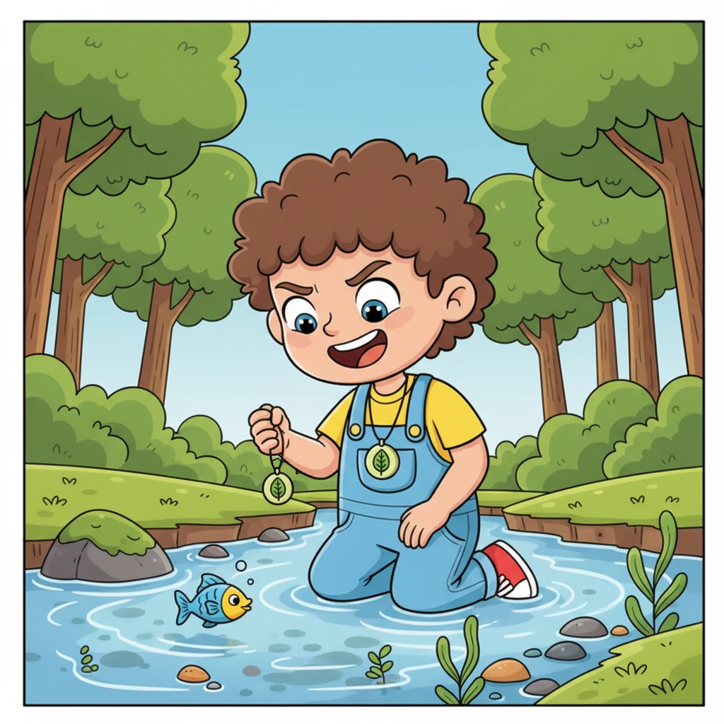 Bodhi tries his best to focus on the stream. His brow furrows in concentration, then relaxes into a playful grin as a tiny fish darts past. He giggles, then remembers the stone and tries again, taking a deep breath and truly looking at the water. It's harder than it looks, but he's determined.