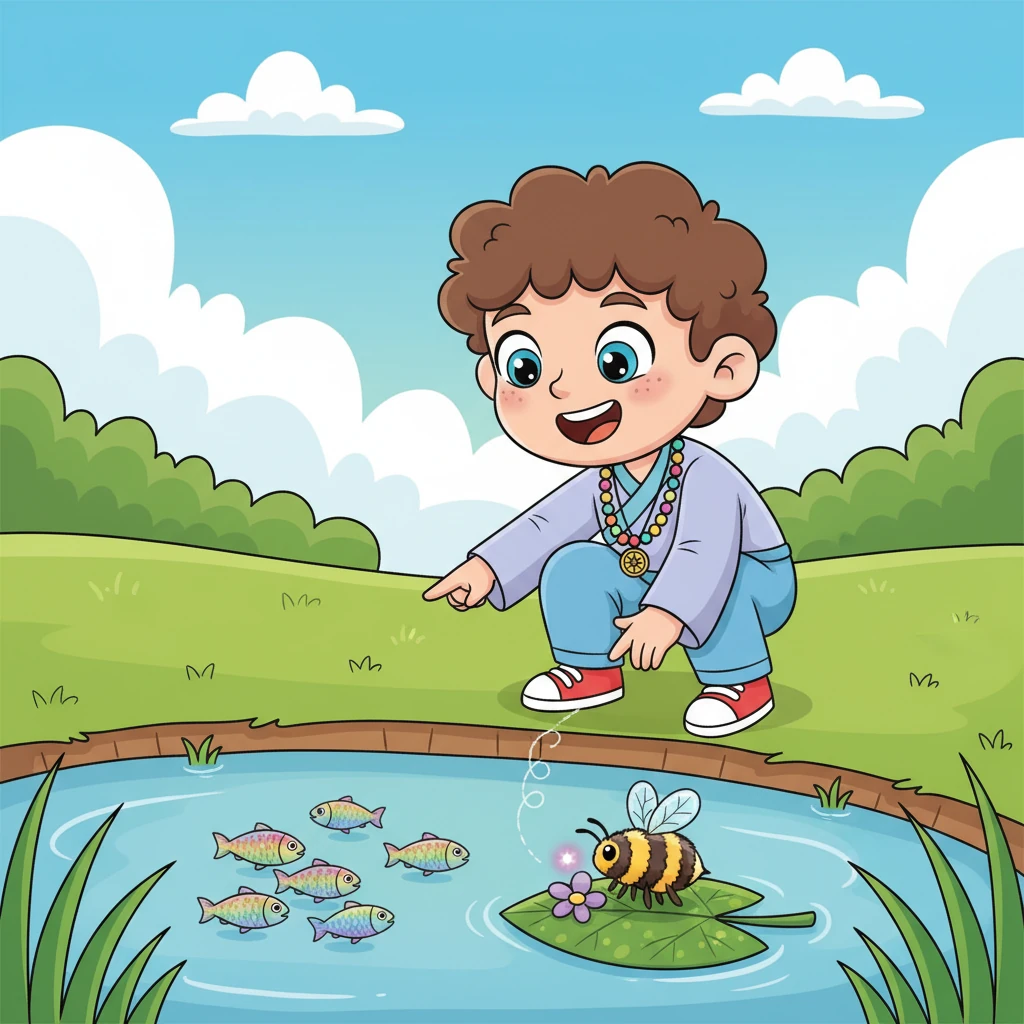 Suddenly, Bodhi notices the shimmering scales of the fish, the intricate patterns on a floating leaf, and the gentle hum of a busy bee collecting nectar from a nearby flower. He'd never truly seen or heard these tiny wonders before! His eyes widen with delight.