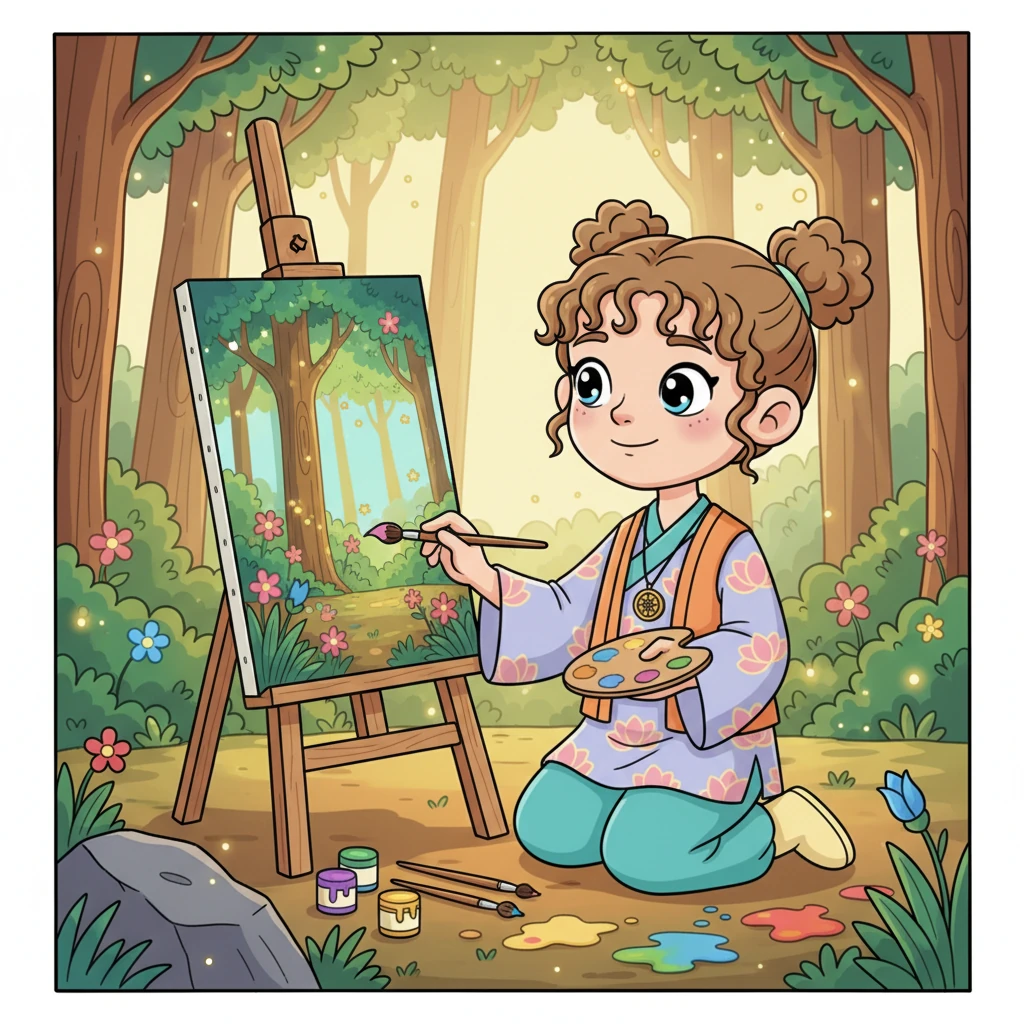 Later, while painting a picture of the forest, Bodhi remembers his grandmother's lesson. Instead of rushing, he focuses on each brushstroke, mixing colors carefully. His painting becomes vibrant and full of life, capturing every detail he observed. He feels a quiet joy in his focused effort.